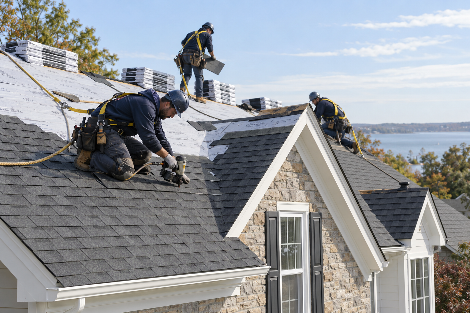 Roofing crew safely installing architectural shingles